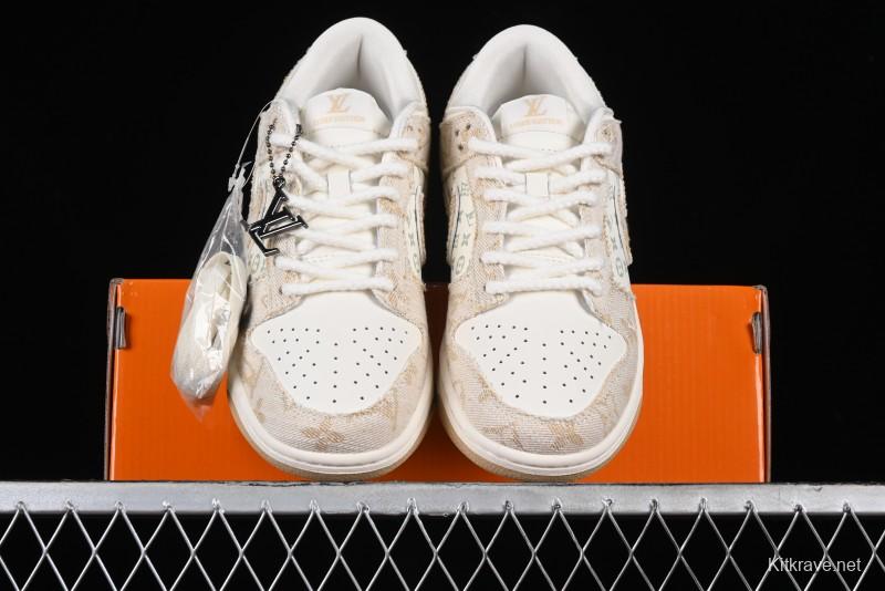 Nike SB Dunk Low LV Collaboration - Beige Swoosh Anniversary High-End Custom Low-Top Casual Skate Shoes - SJ2068-258