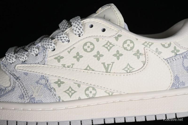 Nike Air Jordan 1 Low OG SP Travis Scott x Fragment Design LV Washed Blue Denim Casual Sneakers - SJ2068-007