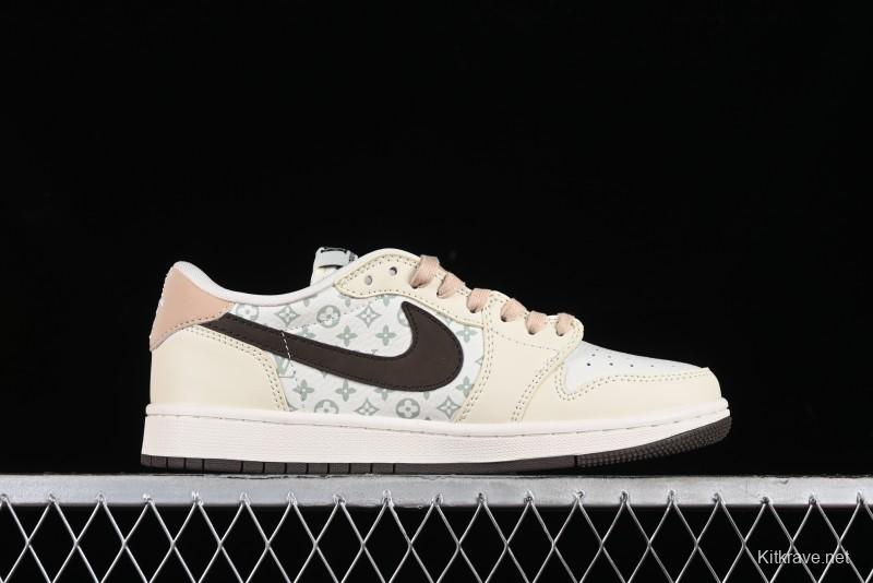 Nike Travis Scott x Fragment Design x Jordan Air Jordan 1 Low OG SP AJ1 LV Beige Brown Print Casual Sneakers - LJ5188-006