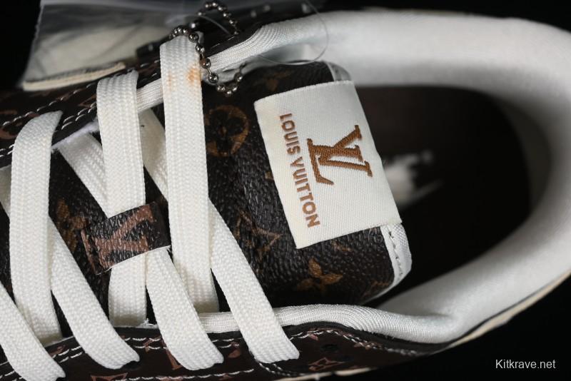 Nike SB Dunk Low LV Collaboration - Checkerboard Brown Monogram White Swoosh Anniversary High-End Custom Low-Top Casual Skate Shoes - SJ2068-255