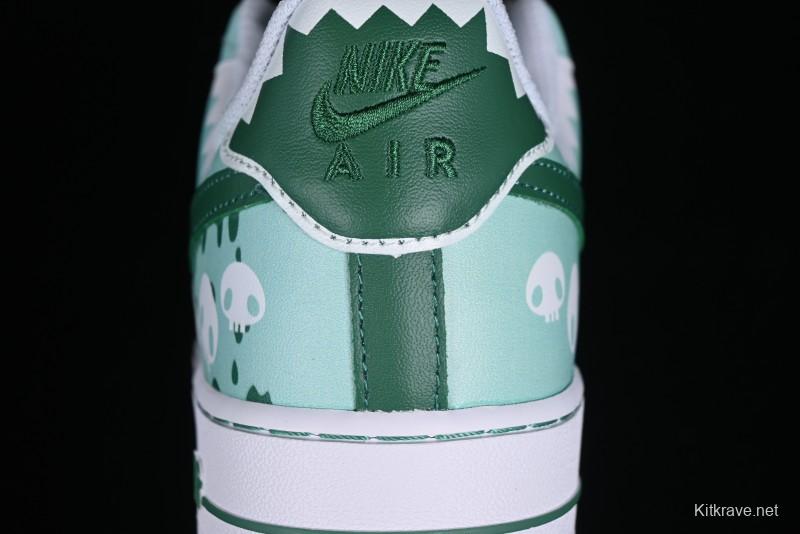 Nike Air Force 1 '07 Low Witch Collaboration Custom Leather Sneakers with Skull and Gradient White-Green Design - CW2288-111