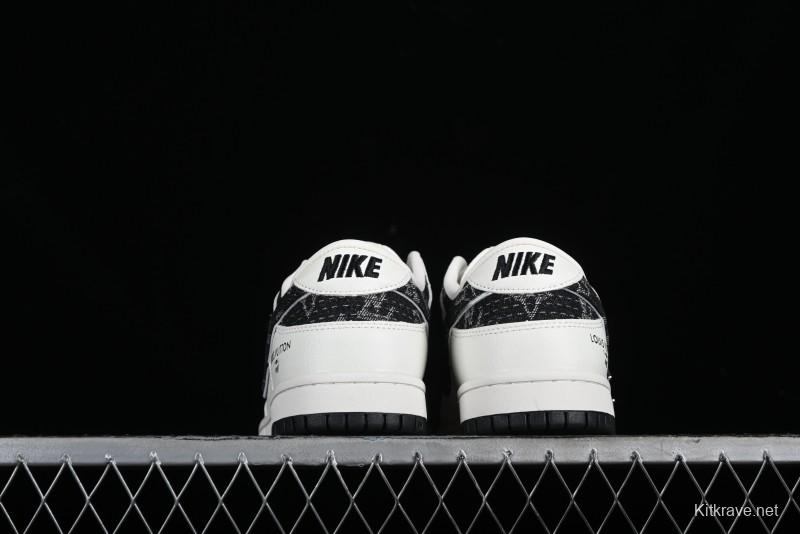 Nike SB Dunk Low LV Collaboration - Beige Black Denim Floral Anniversary High-End Custom Low-Top Casual Skate Shoes - XB3802-358
