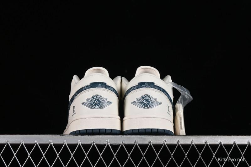 Nike Air Jordan 1 Low LV Collaboration - White with Blue Swoosh Custom Casual Sneakers - WG8850-005