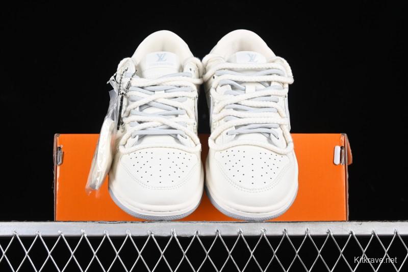 Nike SB Dunk Low LV Collaboration Strap White Grey Check Anniversary High-End Custom Low-Top Casual Skate Shoes - SJ2068-245