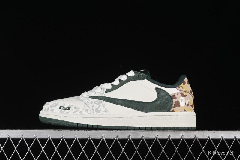 Nike Travis Scott x Fragment Design x Air Jordan 1 Low OG SP AJ1 Bape Collaboration - Camo Green Low Top Casual Sneakers - JH6088-614