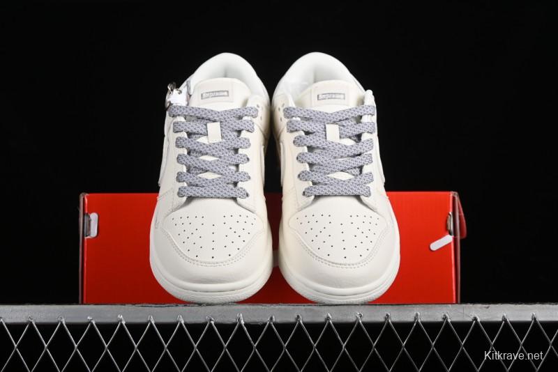 Nike SB Dunk Low Supreme Collaboration - Off White Gray Swoosh Anniversary Custom Low-Top Casual Skate Shoes - DQ1098-392