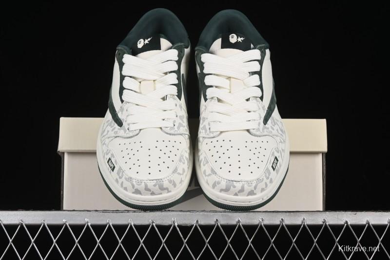 Nike Travis Scott x Fragment Design x Air Jordan 1 Low OG SP AJ1 Bape Collaboration - Camo Green Low Top Casual Sneakers - JH6088-614