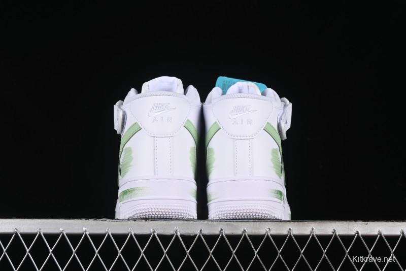 Nike Air Force 1 '07 Mid Hand-Painted White Green with Swoosh Shadow and Strap - CW2289-111