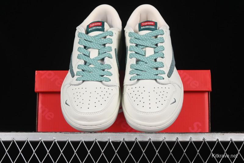 Nike Travis Scott x Fragment Design x Air Jordan 1 Low OG SP AJ1 Supreme Collaboration - Green Canvas Swoosh Low-Top Casual Sneakers - JH6088-706