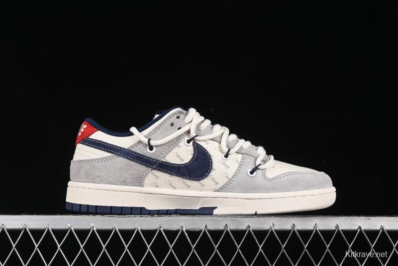 Nike SB Dunk Low Stussy Collaboration - Lace-Up Off White Navy Swoosh Anniversary High-End Custom Low-Top Casual Sneakers - SJ2068-308