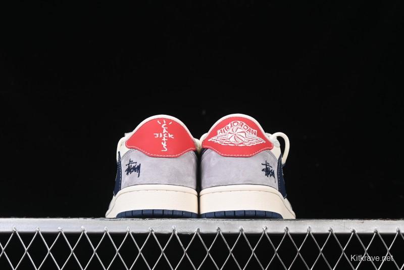Nike Travis Scott x Fragment Design x Air Jordan 1 Low OG SP AJ1 Stussy Collaboration - Grey Blue Hook Lace Low Top Casual Sneakers - SJ0086-140