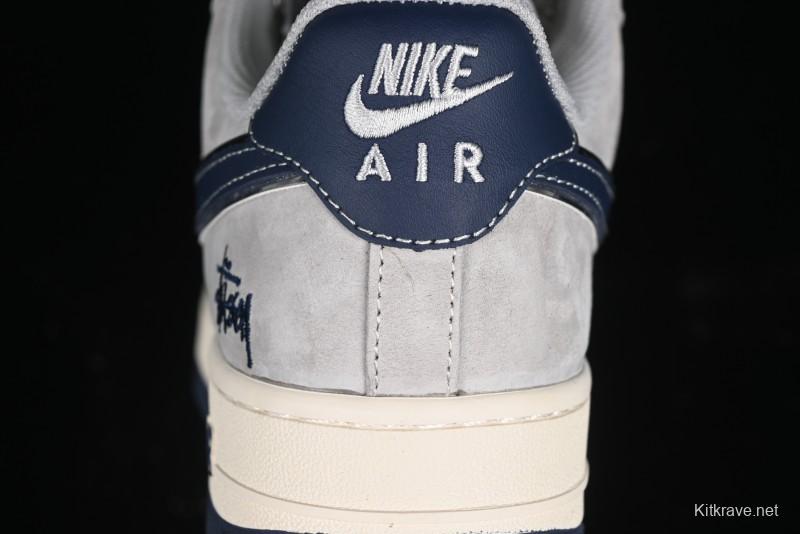 Nike Air Force 1 '07 Low Stussy Collaboration - Grey Pigskin Blue Sole Low-Top Casual Sneakers - SJ6698-005