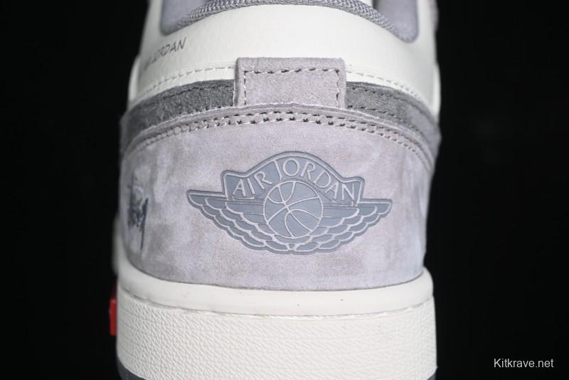 Nike Air Jordan 1 Low Stussy Collaboration - Grey White Dual-Tone Red Tag Retro Basketball Shoes - SJ9950-031
