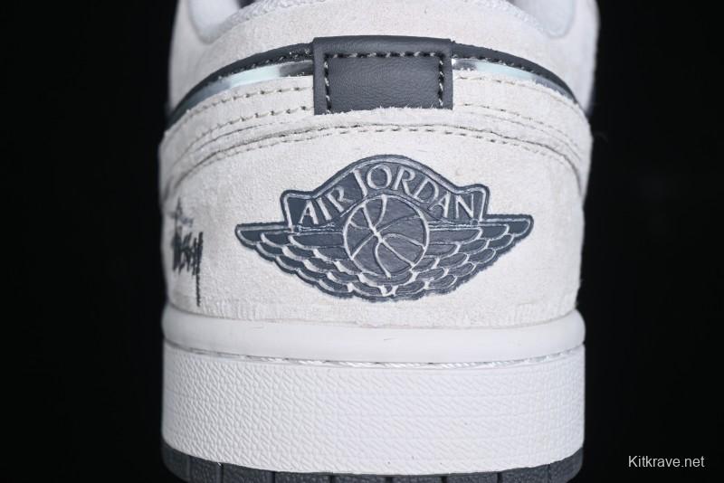 Nike Air Jordan 1 Low Stussy Collaboration - Grey Pigskin Black Base Retro Basketball Shoes - XX3318-968