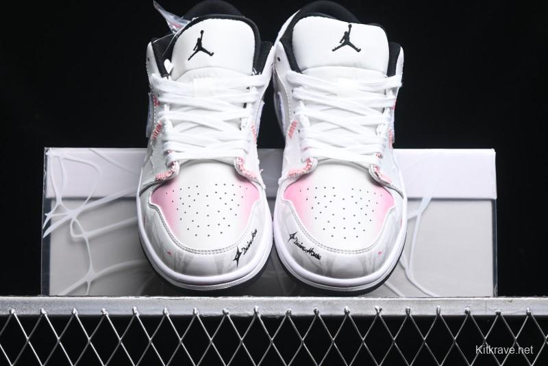 Nike Air Jordan 1 Low Retro Basketball Shoes - Panda Mischief Qixi Theme with Special Graffiti Design - 553558-132