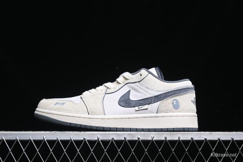 Nike Air Jordan 1 Low AJ1 Bape Collaboration - Custom High-End Retro Basketball Shoes with Light Grey Check - DM9188-008