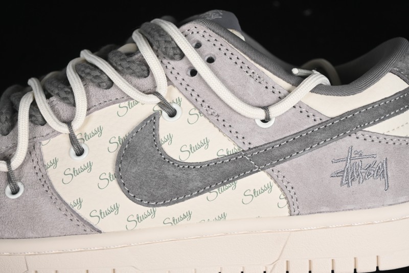 Nike SB Dunk Low Stussy Collaboration - Strap Grey Embroidered Swoosh Anniversary Custom Low-Top Casual Skate Shoes - SJ2068-307