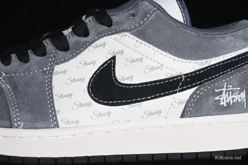Nike Air Jordan 1 Low Stussy Collaboration Pig Grey Black Swoosh Custom Retro Basketball Shoes - SJ9950-029