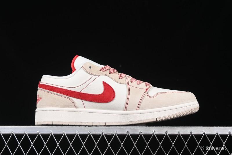 Nike Air Jordan 1 Low Stussy Collaboration Khaki Red Hook Retro Basketball Shoes - SJ9950-040
