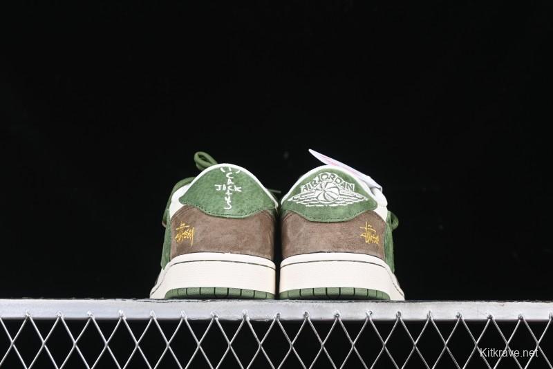 Nike Travis Scott x Fragment Design x Air Jordan 1 Low OG SP AJ1 Stussy Collaboration Suede Green Low Top Casual Sneakers - XS3186-202
