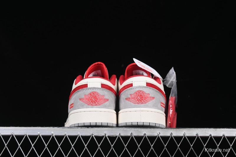 Nike Air Jordan 1 Low AJ1 Supreme Collaboration - White Grey Red Swoosh Retro Basketball Shoes - SJ9950-024