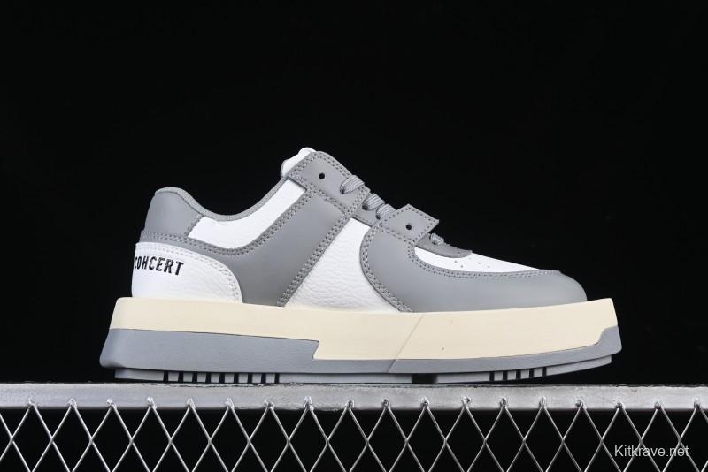 Choco Concert Leather Round Square Asymmetric Fashion Sneakers White Gray - AJE5