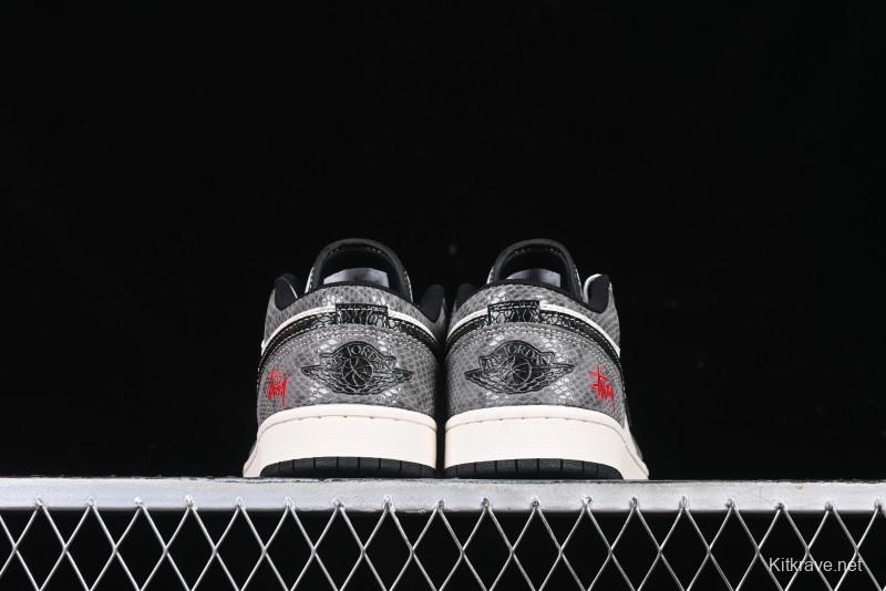Nike Air Jordan 1 Low Retro Basketball Shoes with Custom Stussy Grey Snake Design - FC1688-202