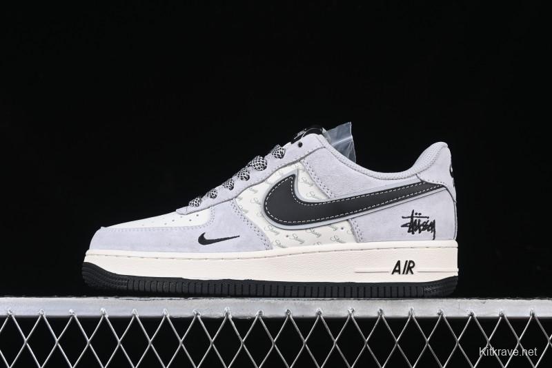 Nike Air Force 1 '07 Low Stussy Collaboration Grey Pigskin Black Swoosh Low-Top Casual Sneakers - XZ3318-099