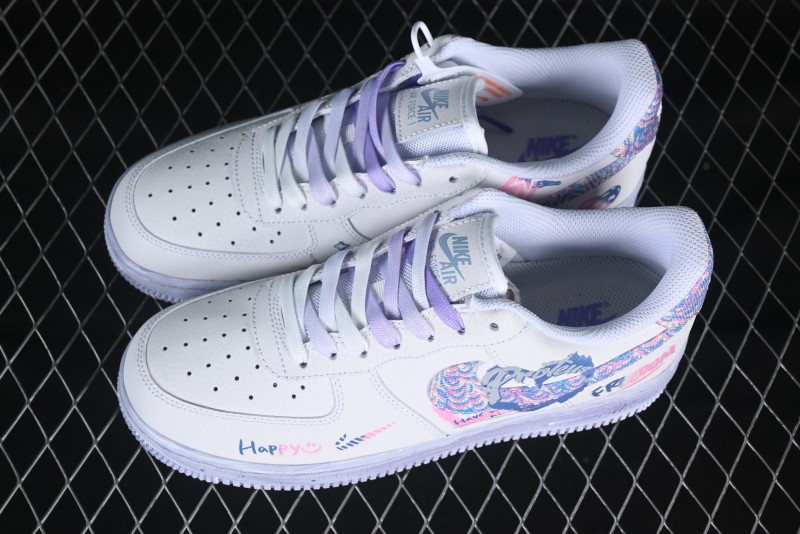 Nike Air Force 1 '07 Low Double Hearts Casual Sneakers with Hand-Drawn Anime Doodle and Pink Blue Hearts - CZ0377-002