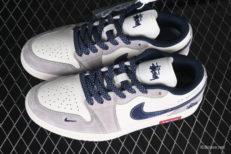 Nike Air Jordan 1 Low Stussy Collaboration Blue Suede Retro Basketball Shoes - SJ9950-035