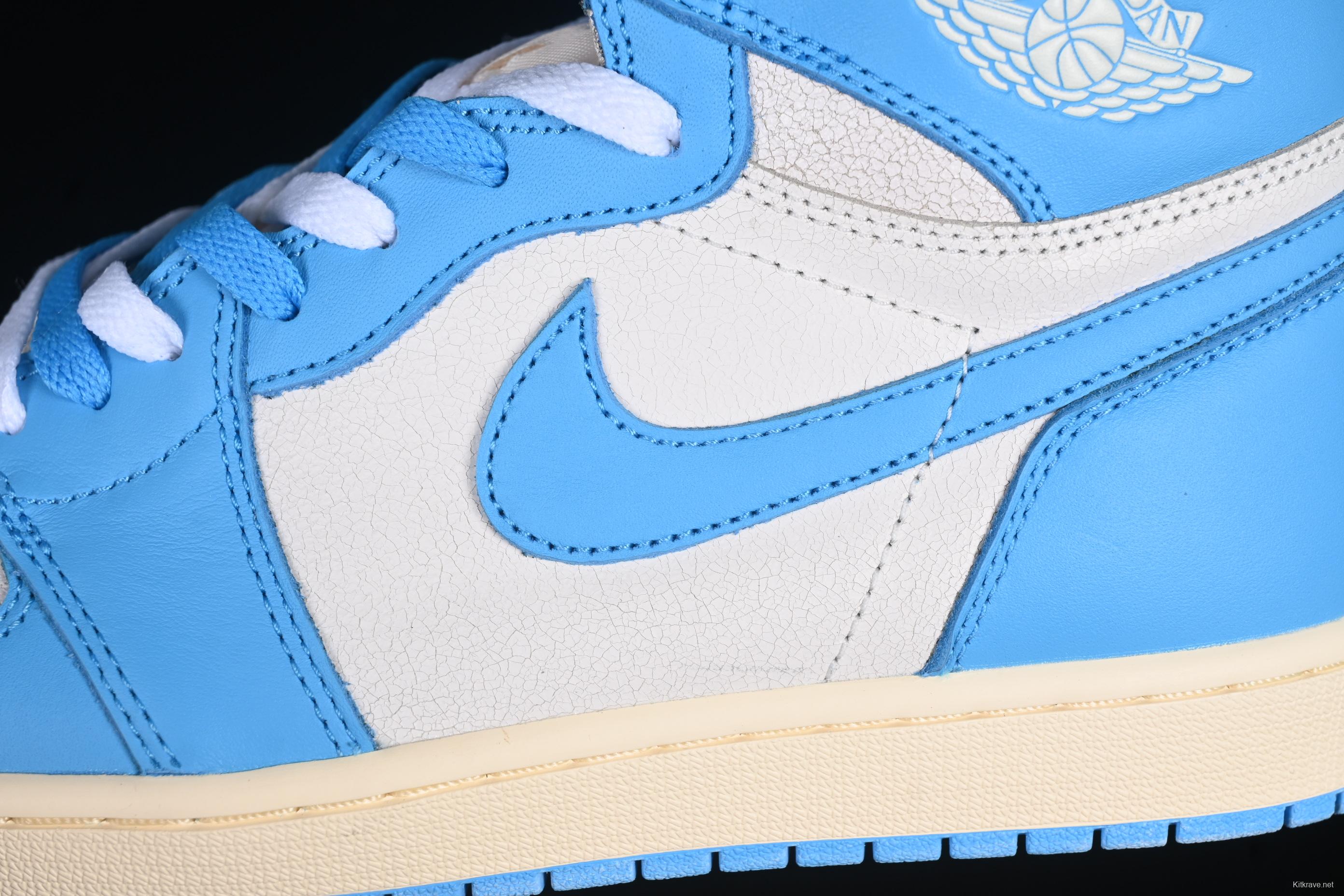 Nike Air Jordan 1 High OG "UNC Reimagined" Retro Basketball Shoes with Cracked Leather and Vintage Midsole - DZ5485-402