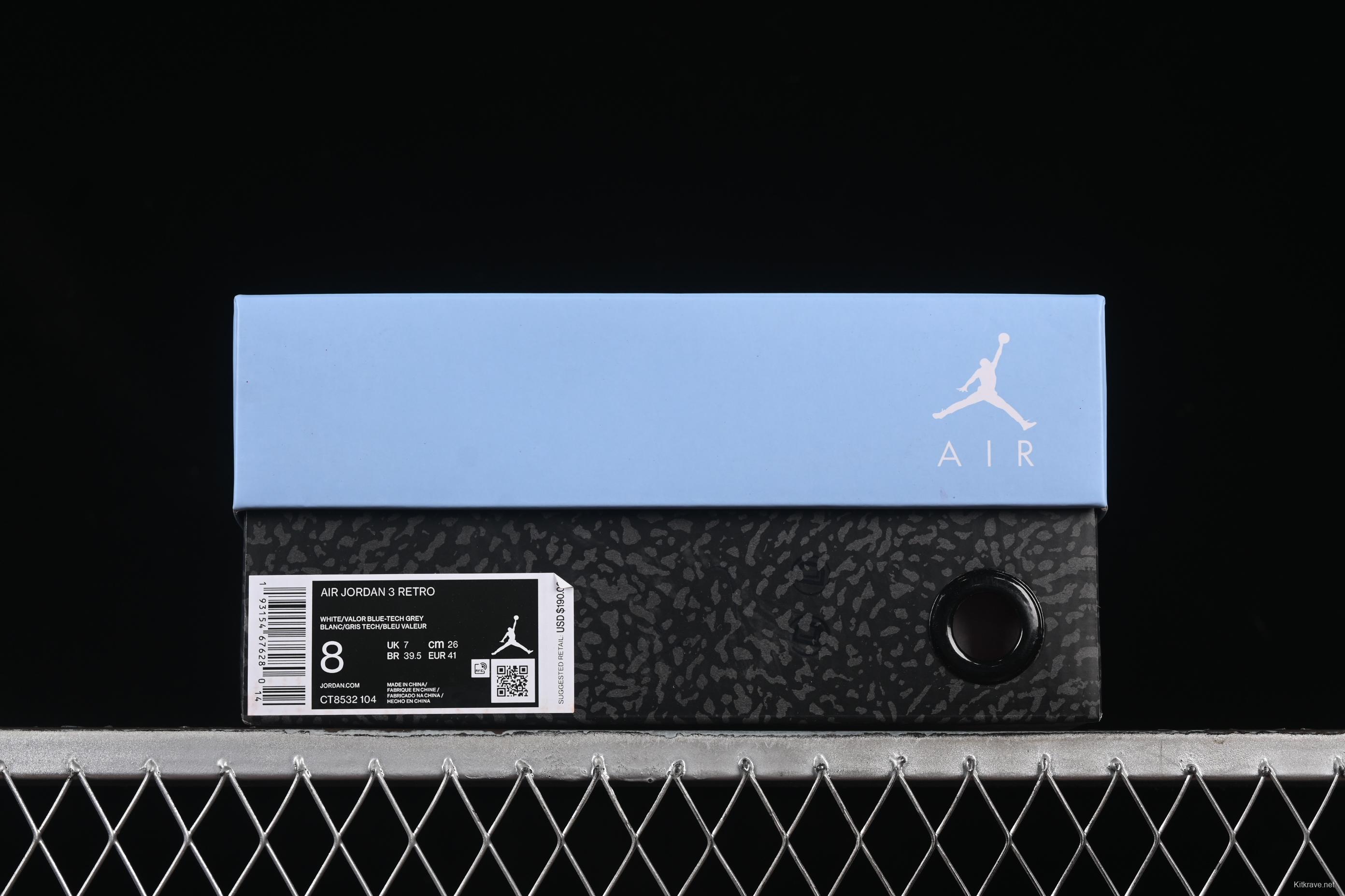 Nike Air Jordan 3 Retro UNC White Blue Cracked Leather Basketball Shoes - CT8532-104