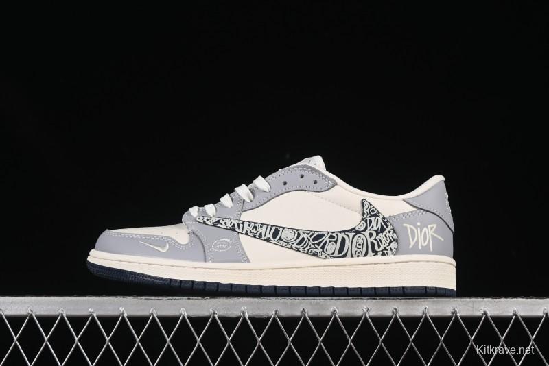 Nike Travis Scott x Fragment Design x Air Jordan 1 Low OG SP AJ1 Dior Collaboration Embossed Pattern Low-Top Casual Sneakers - XS2024-023