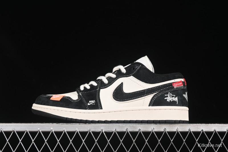 Nike Air Jordan 1 Low Stussy Collaboration Retro Basketball Shoes in Beige Black Yellow - YX5066-302