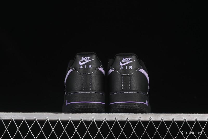 Nike Air Force 1'07 Low Casual Sneakers in Black with Purple Swoosh - HQ2037-001