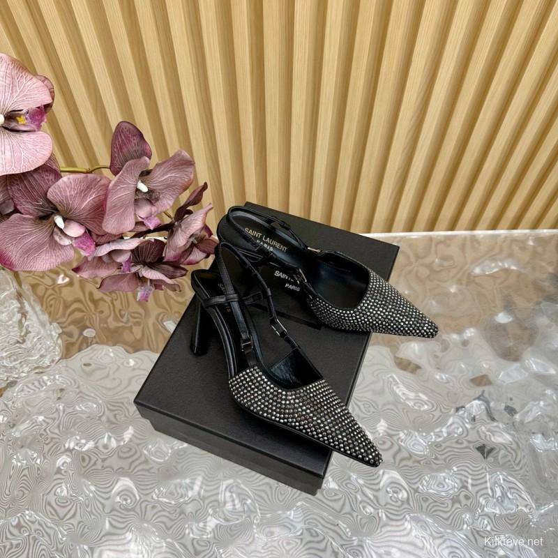 2024 Women Yves Saint Laurent Black Silk Slingback Pumps Crystal Embellishment MJ00320