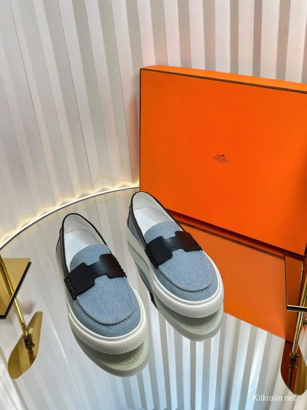 2025 Women Hermès Blue Black Leather Denim Loafers LY00310