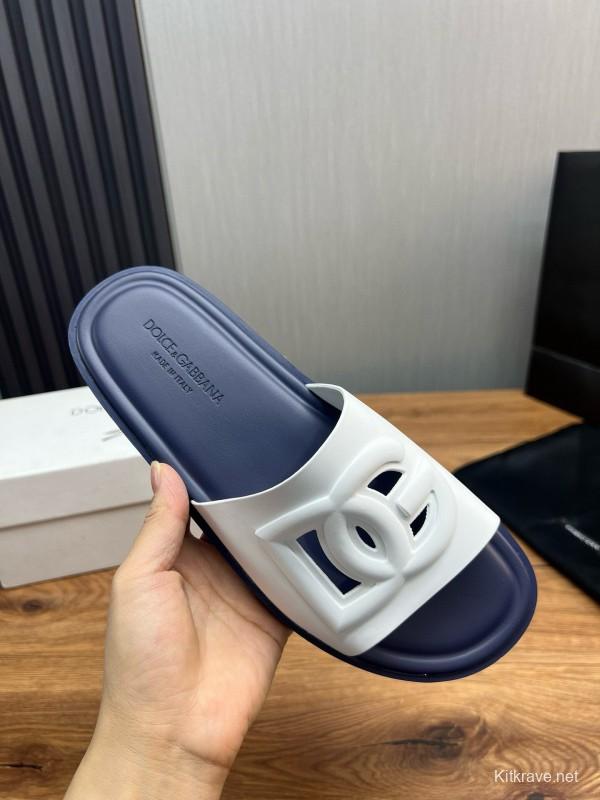 2025 Slippers Dolce & Gabbana White Navy Rubber Slippers