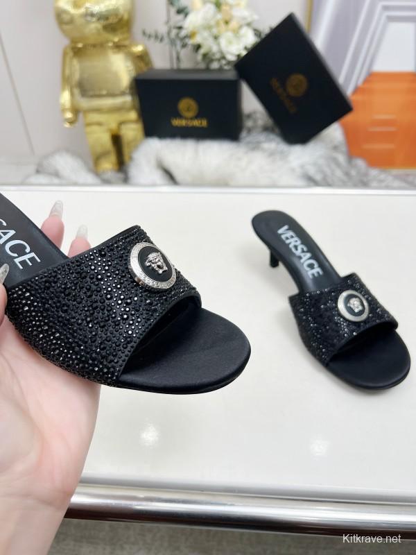 2025 Women VERSACE Black Silk Rhinestone Square Toe Sandals MJ00230