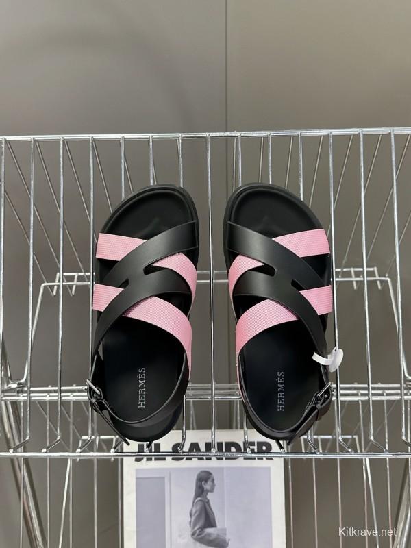 2025 Women Hermès Pink Black Leather Sandals