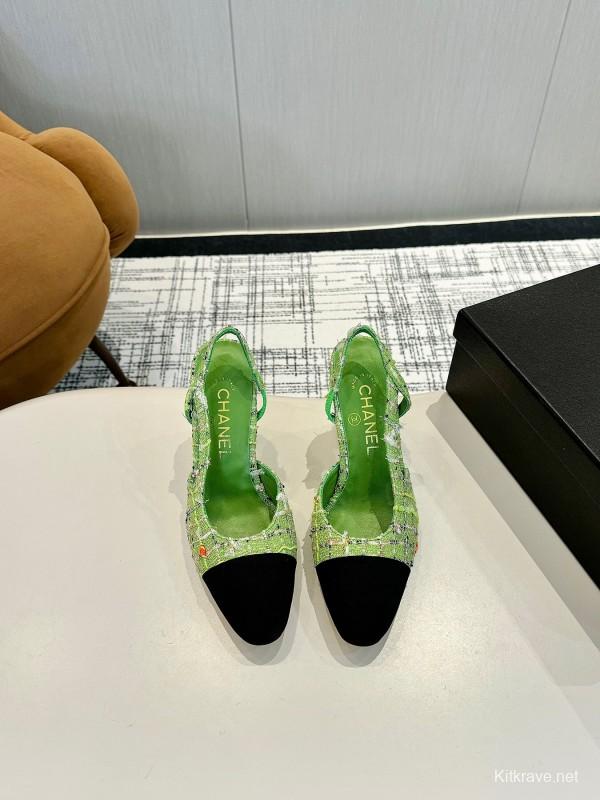 2025 Women Chanel Green Black Tweed Pump Slingback LY00270