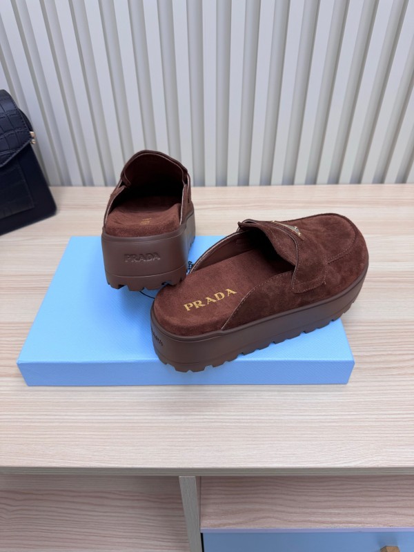 2025 Women Prada Brown Suede Platform Loafers