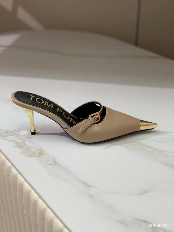 2025 Women TOM FORD Beige Gold Leather Pointed Toe Mules KFY00300