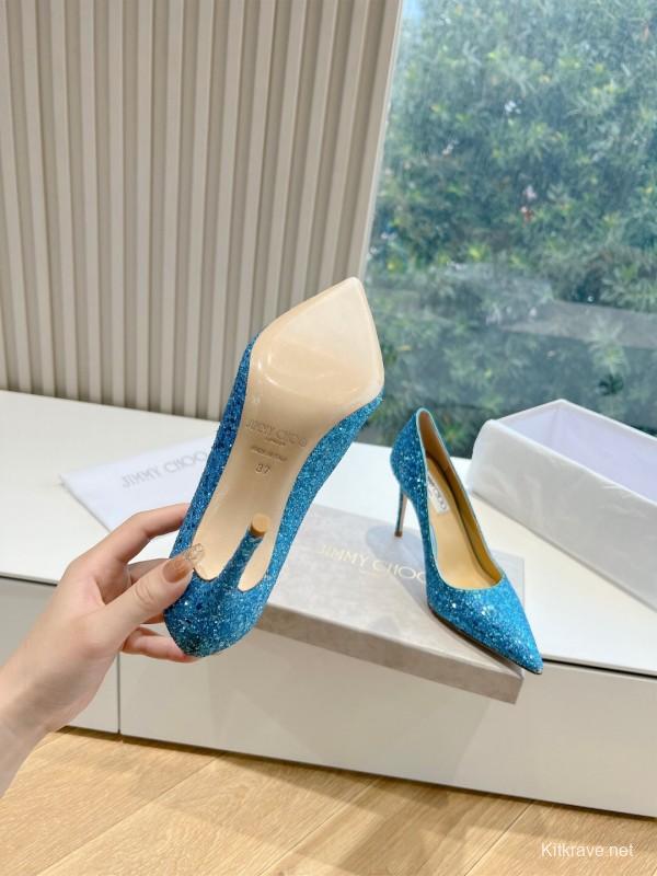 2025 Women Jimmy Choo Blue Glitter Leather Pumps