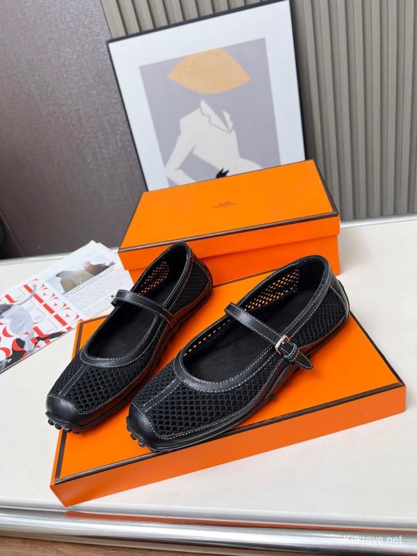 2025 Women Hermès Black Leather Mesh Mary Jane LY00230