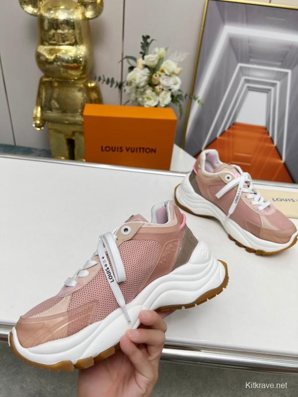 2025 Women Louis Vuitton Pink White Mesh Leather Sneakers LY00340