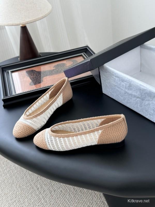 2025 Women Chanel White Beige Leather Mesh Ballet Flats LY00280