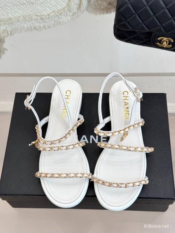 2025 Women Chanel White Leather Chain Strap Sandals