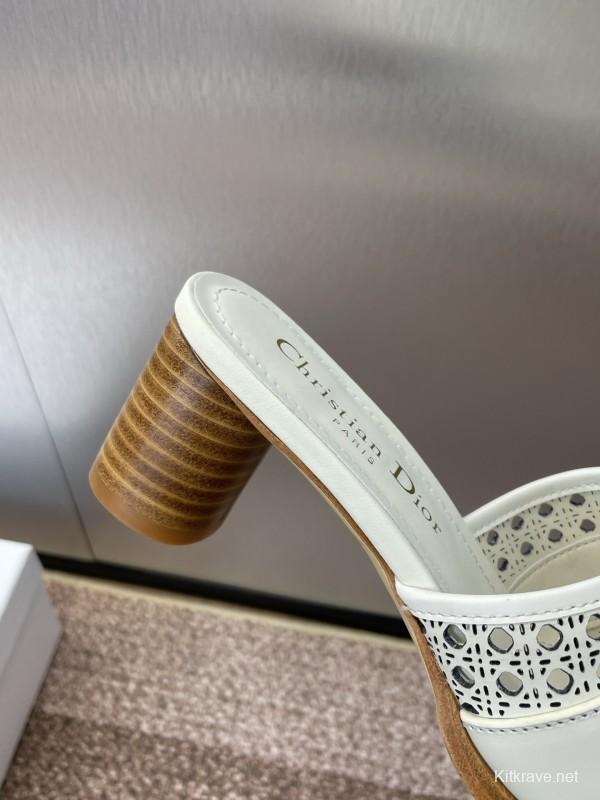 2025 Women Dior White Leather Sandals CD Pattern Low Heel KFY00310