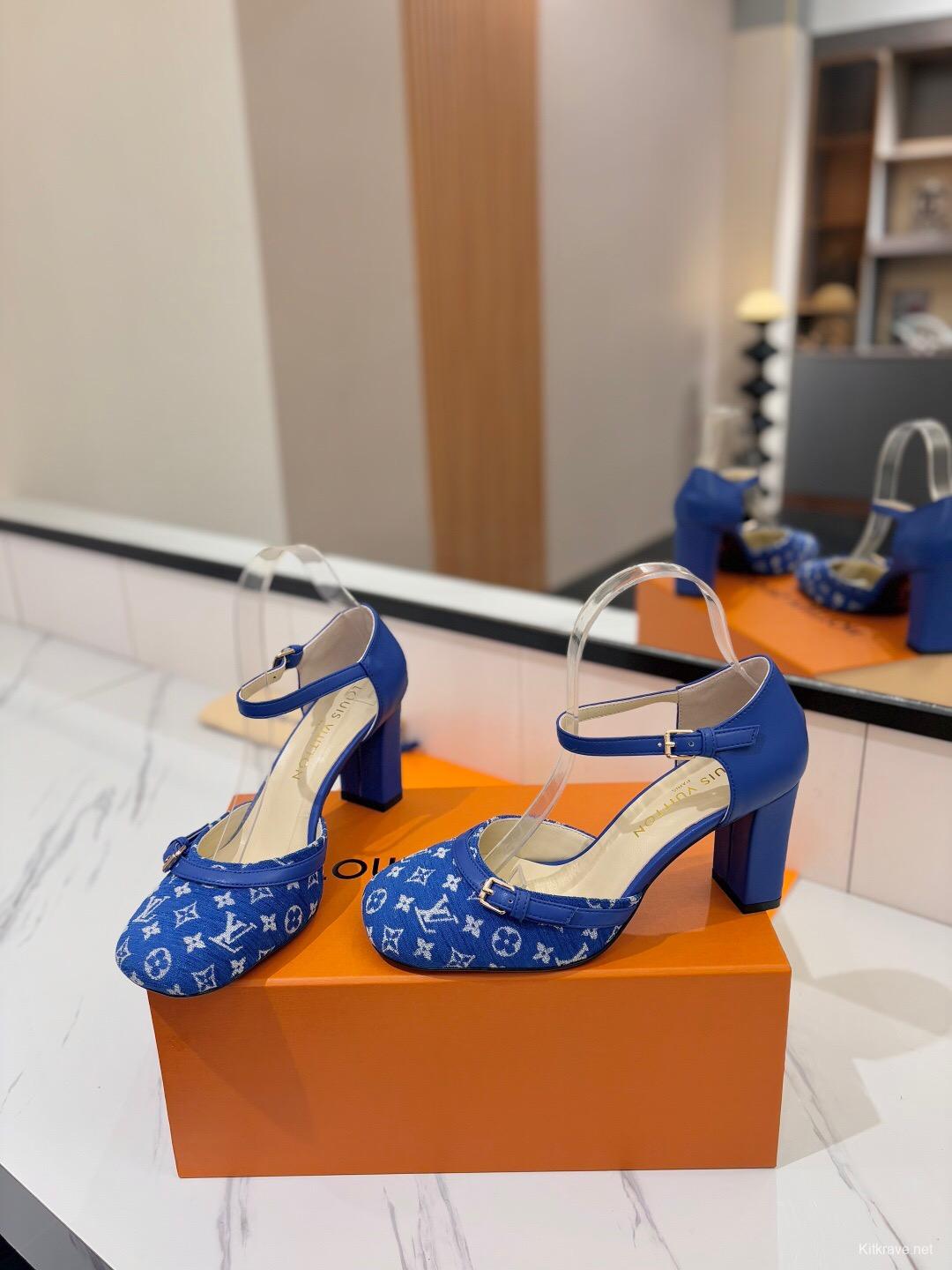 2025 Women Louis Vuitton Blue Denim Leather Heels KFY00310